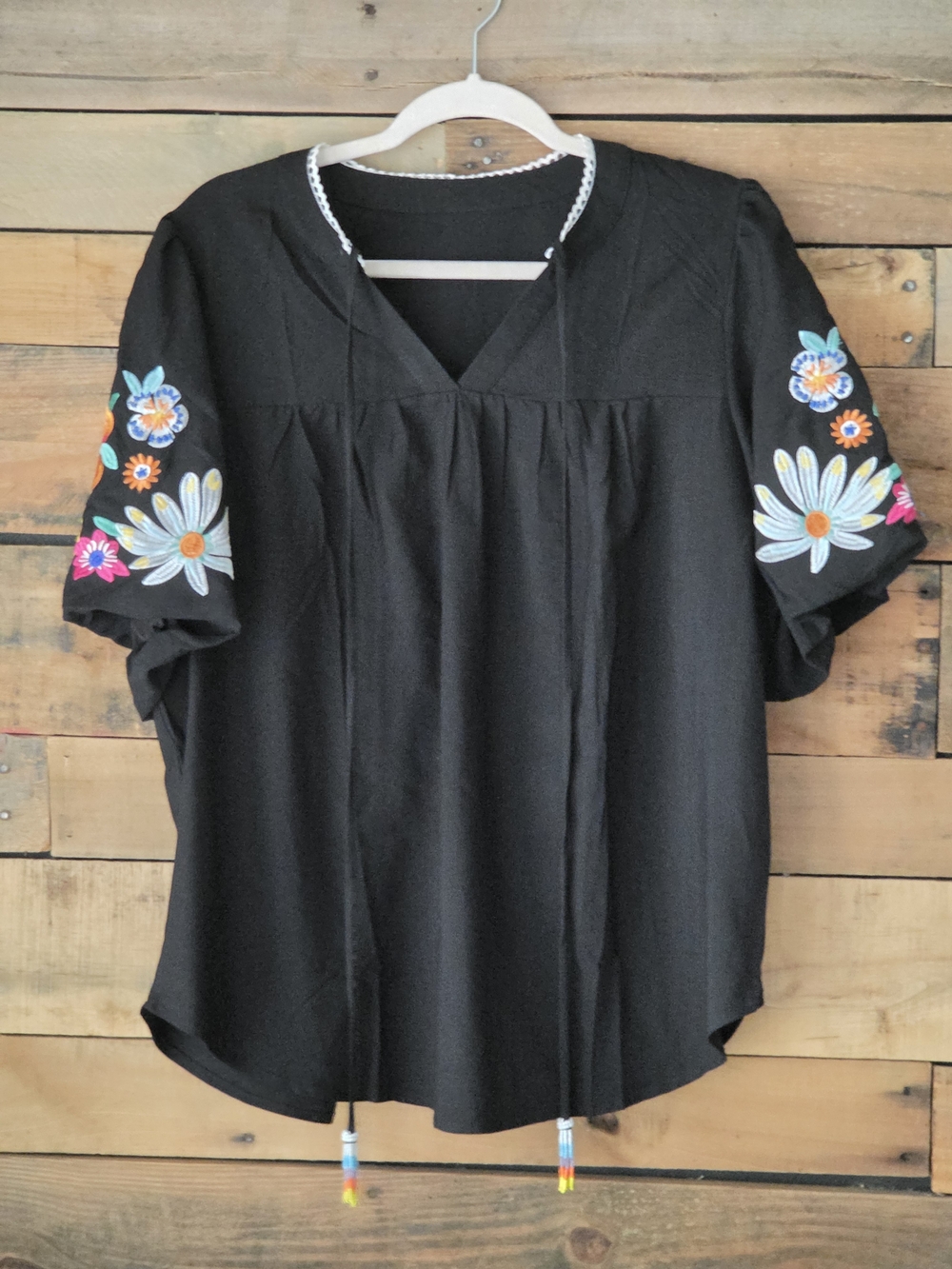Black Floral-Embroidered V-Neck Women's Top